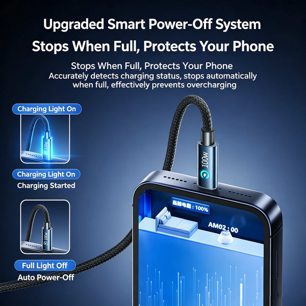 A smartphone displaying a charging status screen, illustrating the smart power-off system features.
