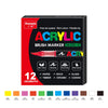 A box of GuangNa Acrylic Brush Markers featuring 12 colors including Yellow, Orange, Rose red, Red, Emerald green, Green, Sky