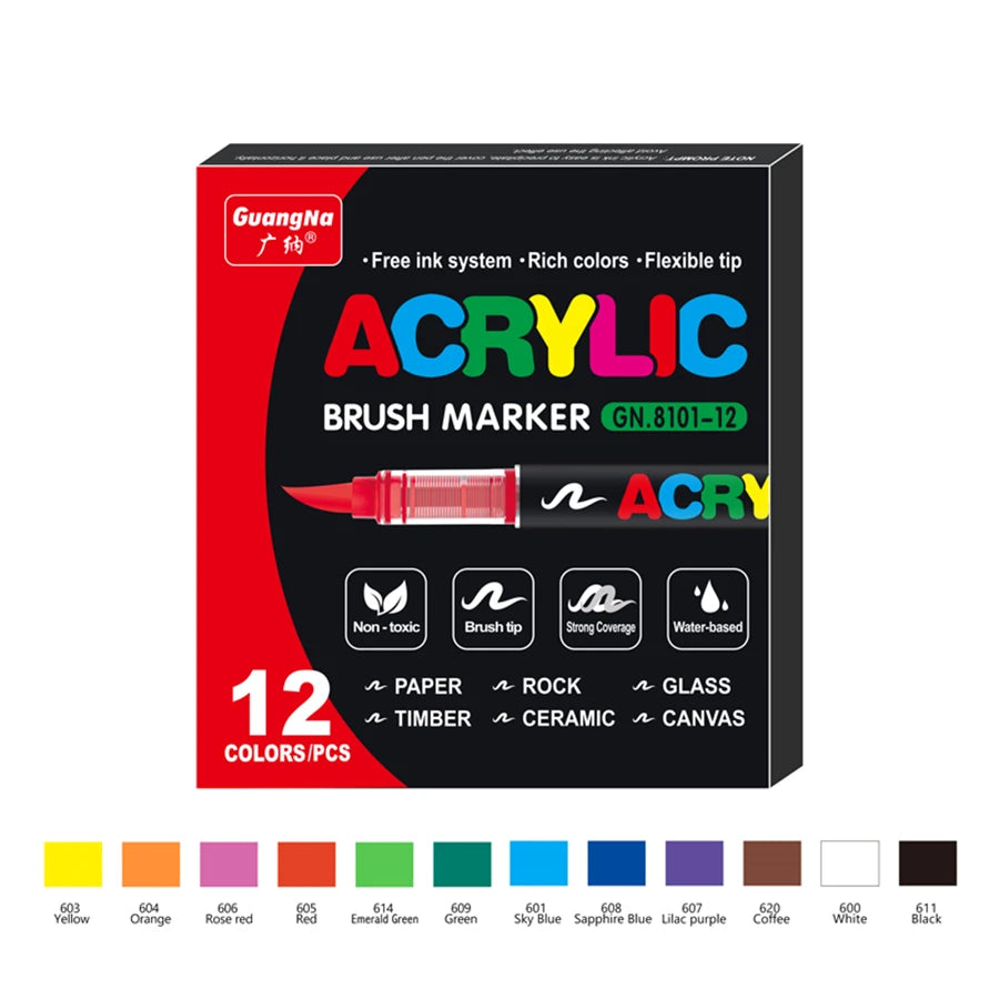 A box of GuangNa Acrylic Brush Markers featuring 12 colors including Yellow, Orange, Rose red, Red, Emerald green, Green, Sky