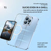 A clear magnetic phone case is shown with a smartphone, demonstrating its ability to hold the phone securely.