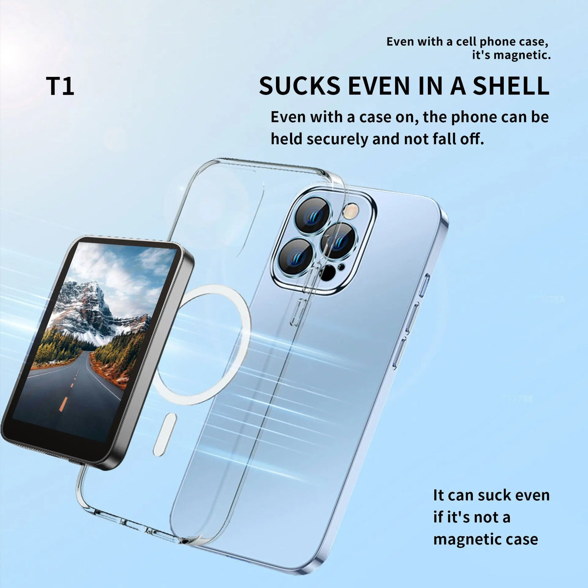 A clear magnetic phone case is shown with a smartphone, demonstrating its ability to hold the phone securely.