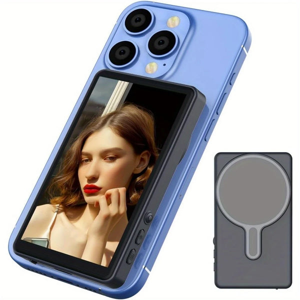 A light blue smartphone with a magnetic rear camera monitor attached, shown alongside the detached monitor.