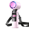 A pink portable rechargeable handheld turbo fan with a glowing light ring and black strap.