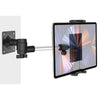 An aluminum wall mount tablet holder with a swivel arm positioned next to a tablet display.