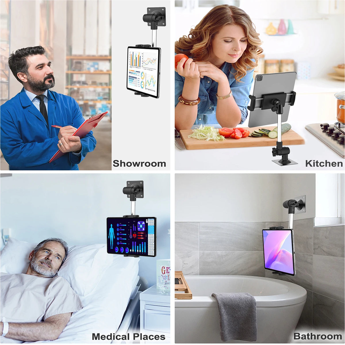 Aluminum wall mount tablet holder with a 360 degree swivel arm shown in various contexts like a showroom, kitchen, medical pl