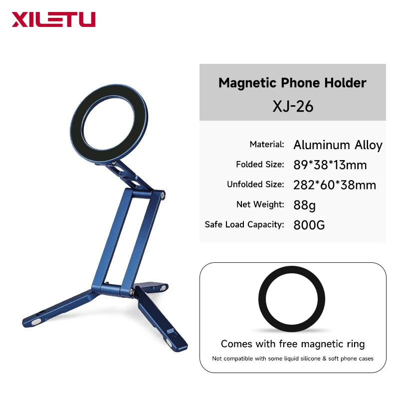 A blue magnetic phone holder with a ring and legs shown against a white background.