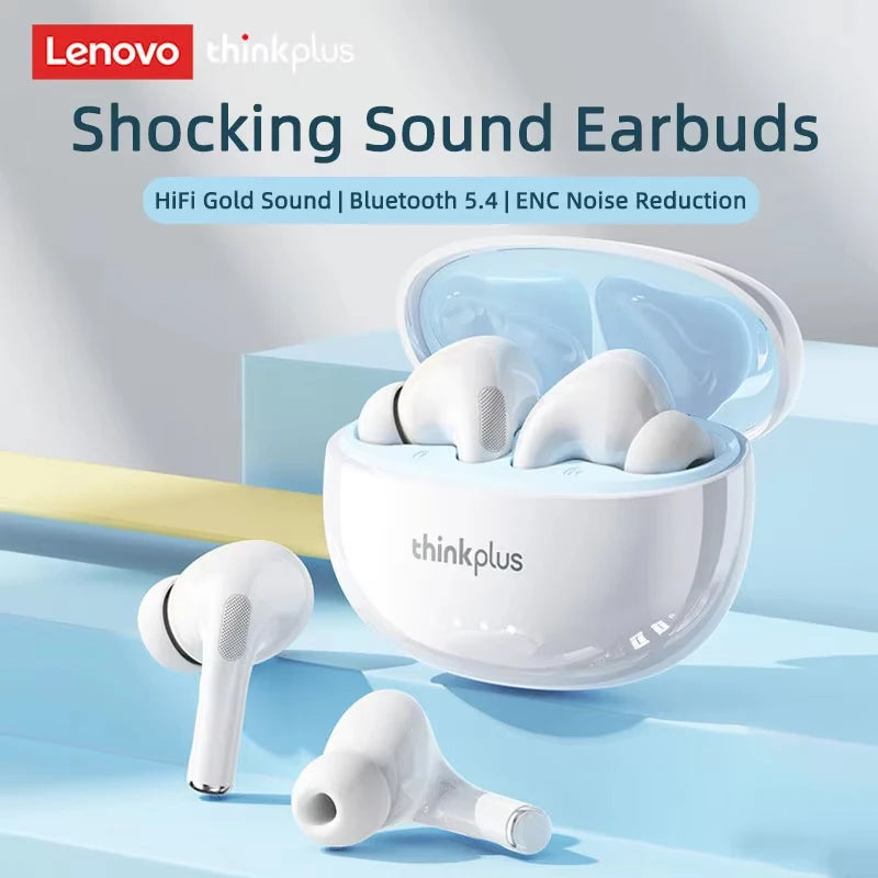 White Lenovo ThinkPlus sound earbuds in their charging case and loose, showing the product.