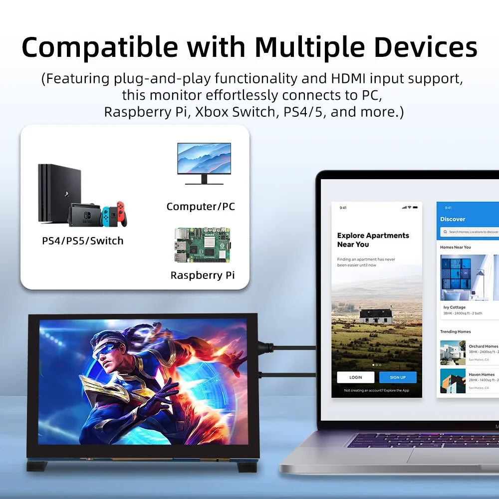 A monitor displaying a video game, next to a laptop and various devices showing compatibility with multiple computers.