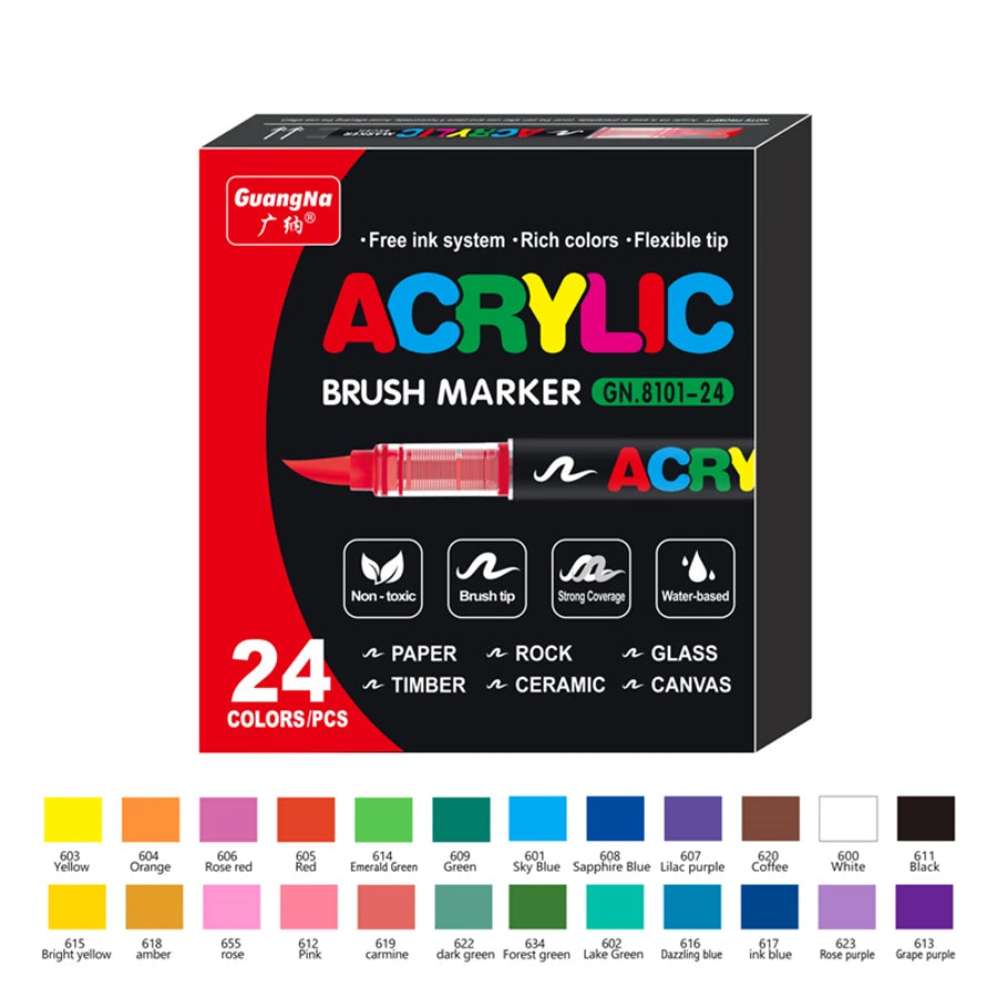 A box of GuangNa Acrylic Brush Markers featuring 24 colors and tips for paper, rock, glass, timber, ceramic, and canvas.