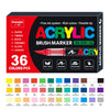 A box of acrylic brush markers featuring 36 colors and tips for various surfaces like paper, canvas, and glass.