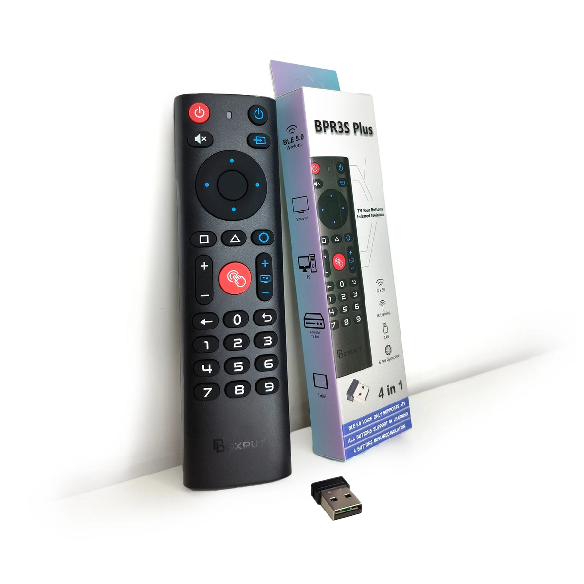 A black wireless gyro air mouse remote with backlit keys and a purple box labeled BPR3S Plus.
