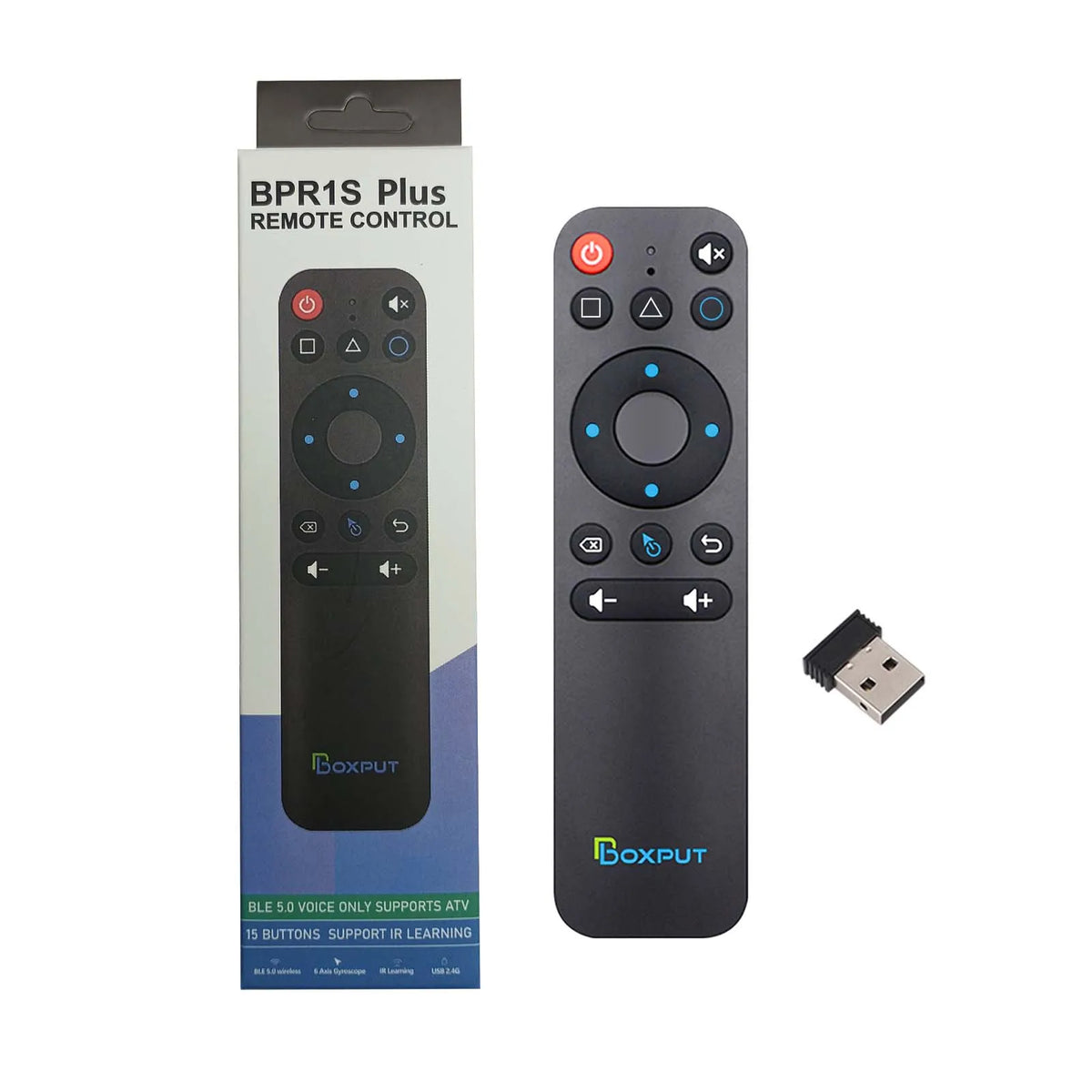 A black remote control for a wireless gyro air mouse featuring buttons and a USB connector.