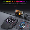 A T-VOLF 40-key one-handed game keyboard and mouse combo with a mousepad and phone holder displayed on a dark surface.