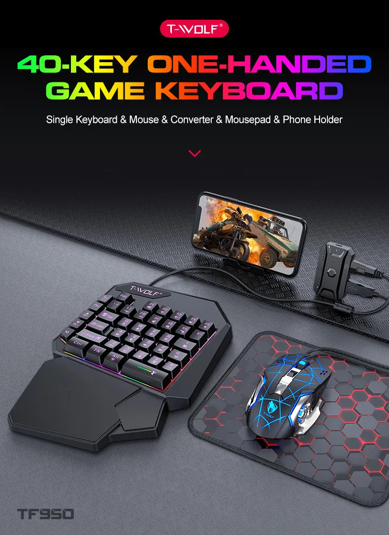A T-VOLF 40-key one-handed game keyboard and mouse combo with a mousepad and phone holder displayed on a dark surface.