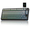 A black mechanical keyboard with RGB lighting and hot-swap switches is shown on a reflective surface.