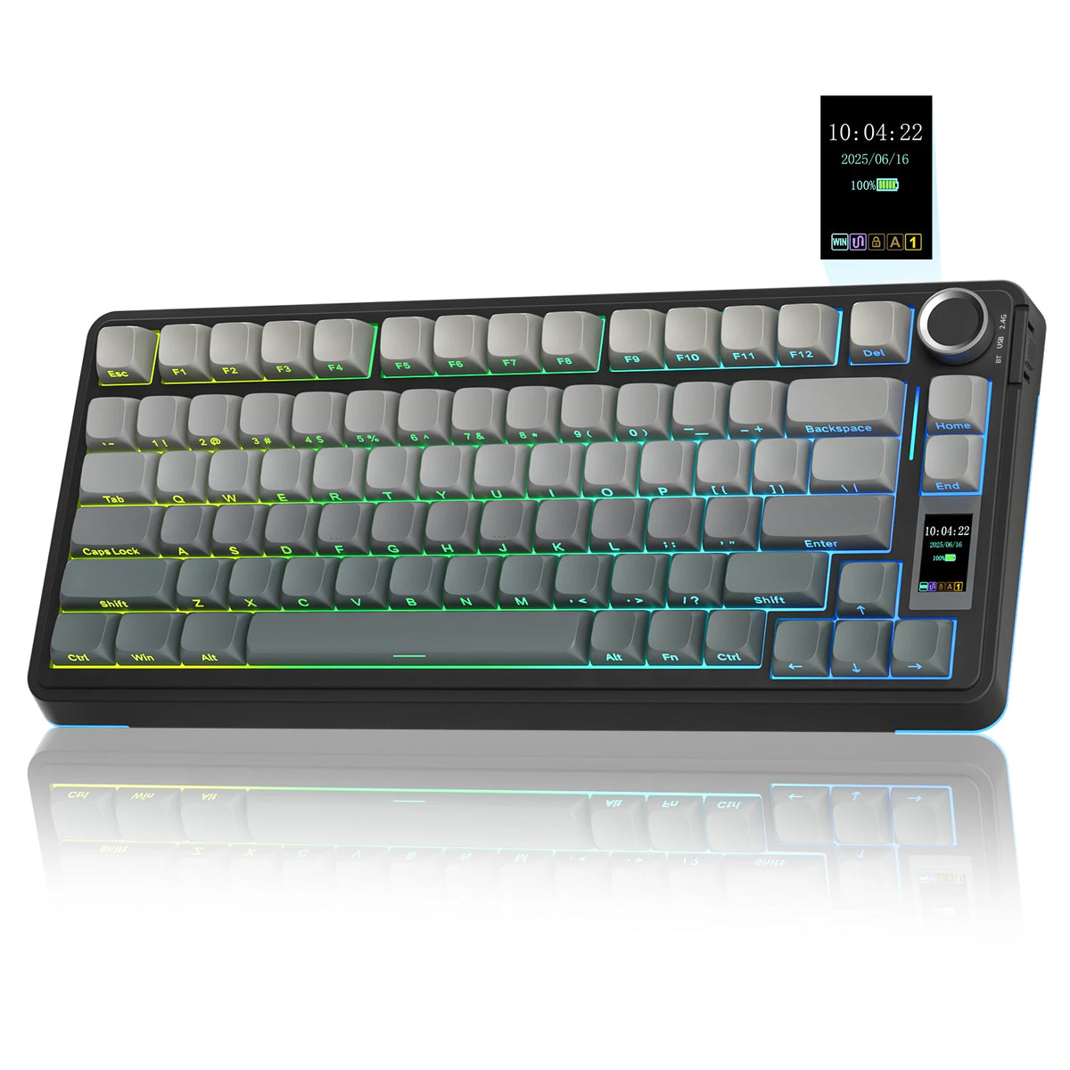 A black mechanical keyboard with RGB lighting and hot-swap switches is shown on a reflective surface.