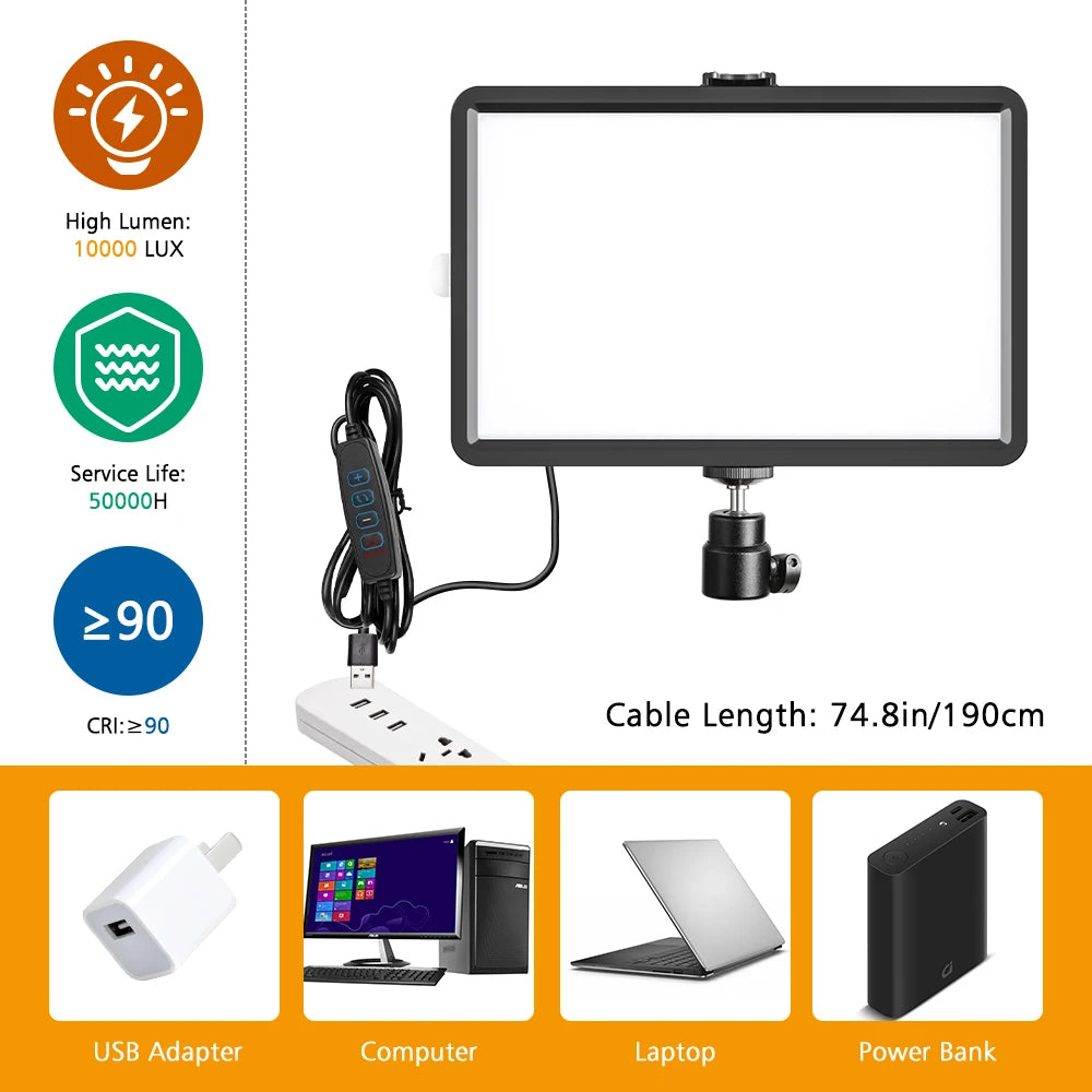 A black LED photography video light is shown with specifications and various usage contexts like a computer, laptop, and powe