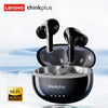 A black Lenovo thinkplus wireless earbud charging case and earbuds are shown against a light blue background.