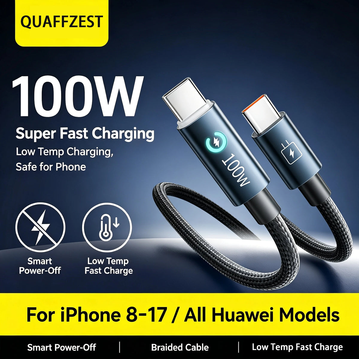 Schwarzes geflochtenes USB-C-Kabel mit zwei Anschlüssen, das 100W Super-Schnellladung für iPhone- und Huawei-Modelle hervorhe