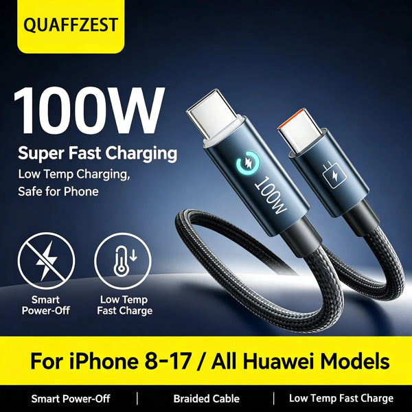 A black braided USB-C cable is shown with two connectors, highlighting 100W Super Fast Charging for iPhone and Huawei models.