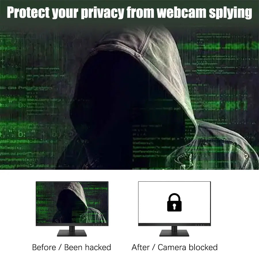 A graphic showing a hooded figure obscuring a webcam lens, illustrating protection against spying.