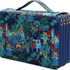 A dark blue pencil case with a tropical foliage pattern and multiple zippered compartments.