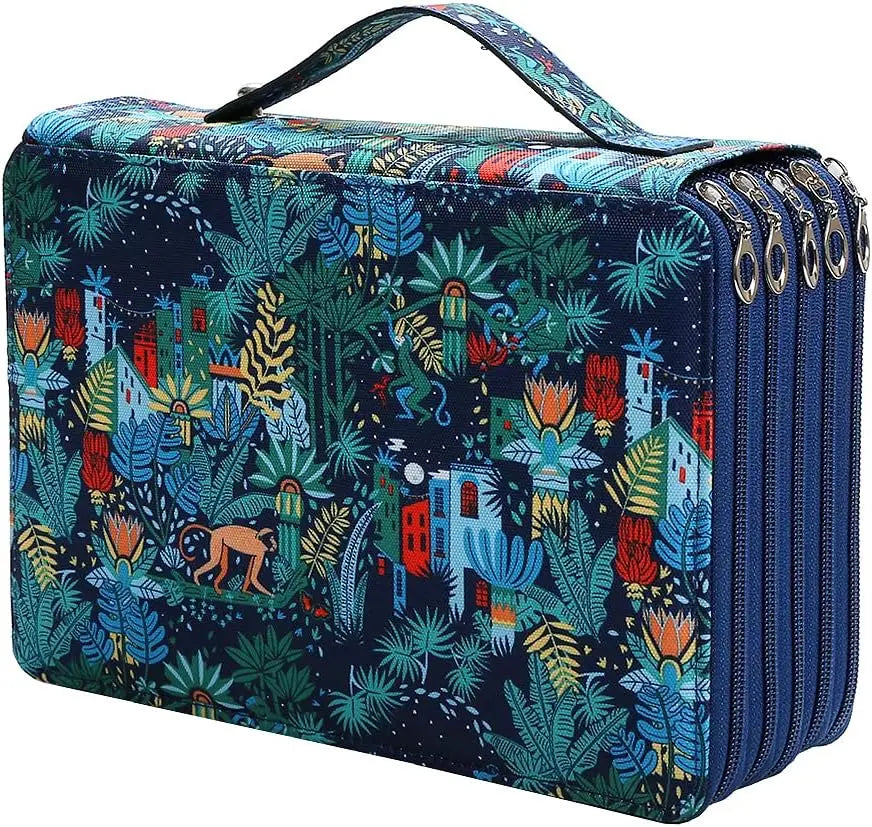 A dark blue pencil case with a tropical foliage pattern and multiple zippered compartments.