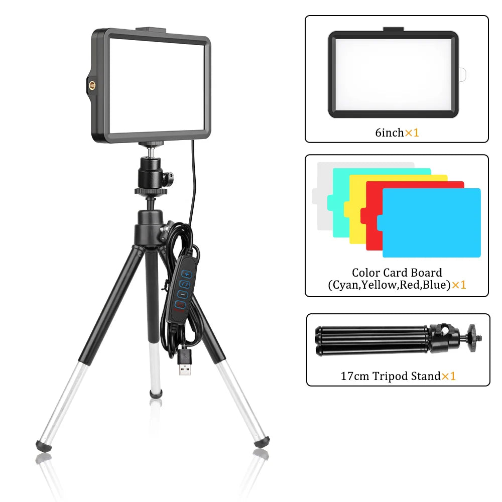 A tripod-mounted 6-inch RGB LED photography video light with color card boards and a tripod stand.