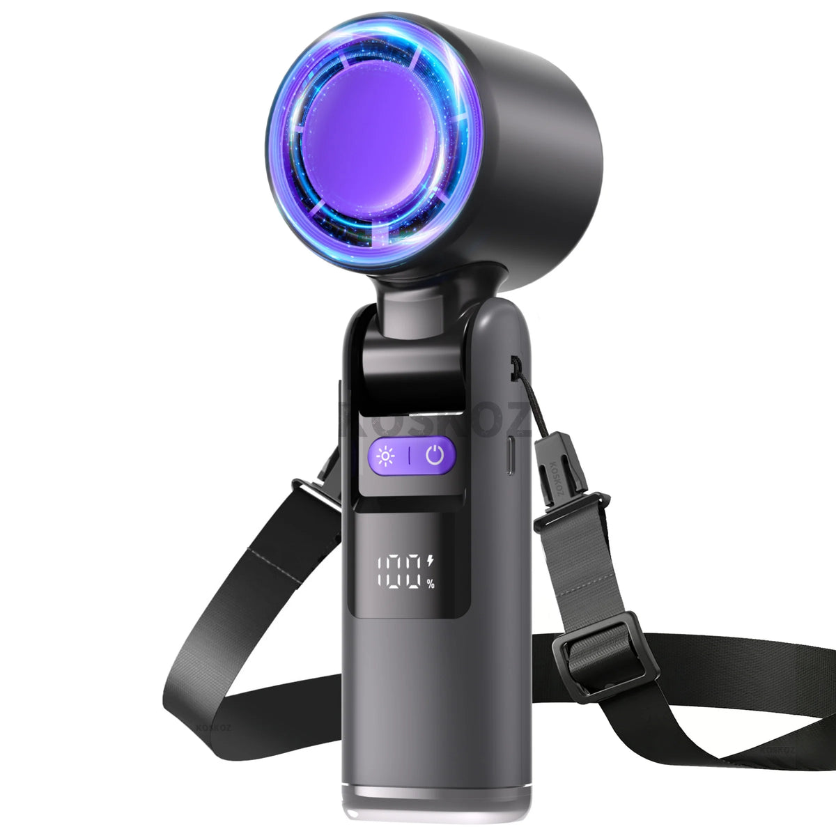 A portable rechargeable handheld turbo fan with a purple LED light and black strap.