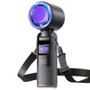 A portable rechargeable handheld turbo fan with a purple LED light and black strap.
