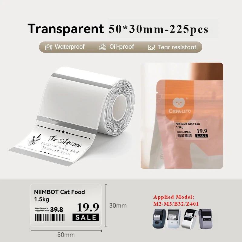Roll of transparent thermal transfer stickers for labels and organization with product details
