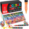 A set of 168 acrylic brush markers in various colors and tips displayed next to the packaging box.
