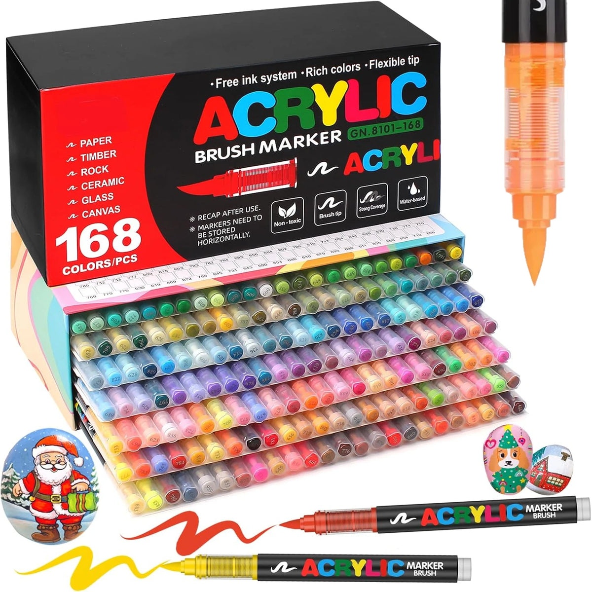 A set of 168 acrylic brush markers in various colors and tips displayed next to the packaging box.