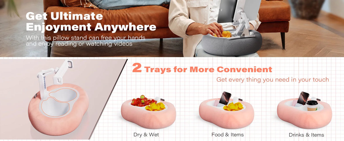 A pink adjustable pillow tablet and Kindle stand with soft plush fabric shown in various configurations.