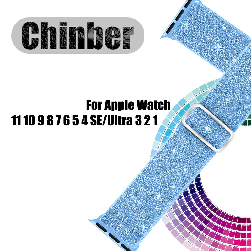 Shimmer glitter nylon strap for Apple Watch in light blue with a silver buckle.