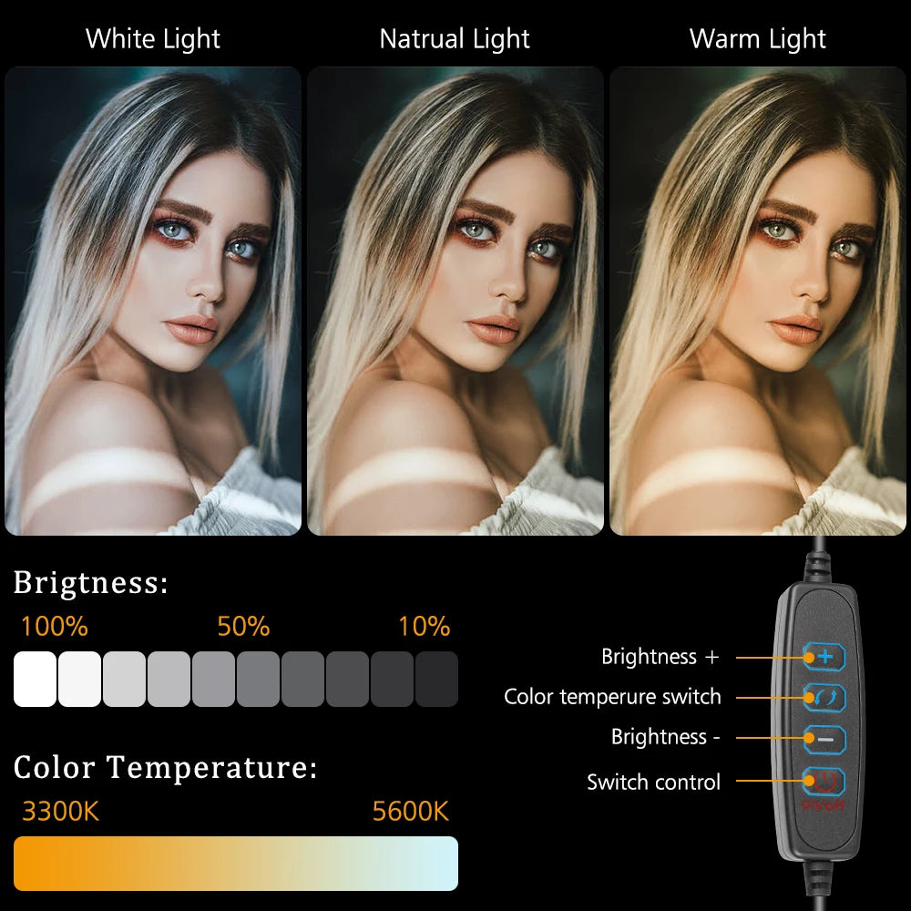A set of three light options showing white, natural, and warm light settings for a photography video light.