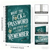 A dark teal spiral-bound notebook featuring a distressed design asking what the user's password is and noting they cannot rem