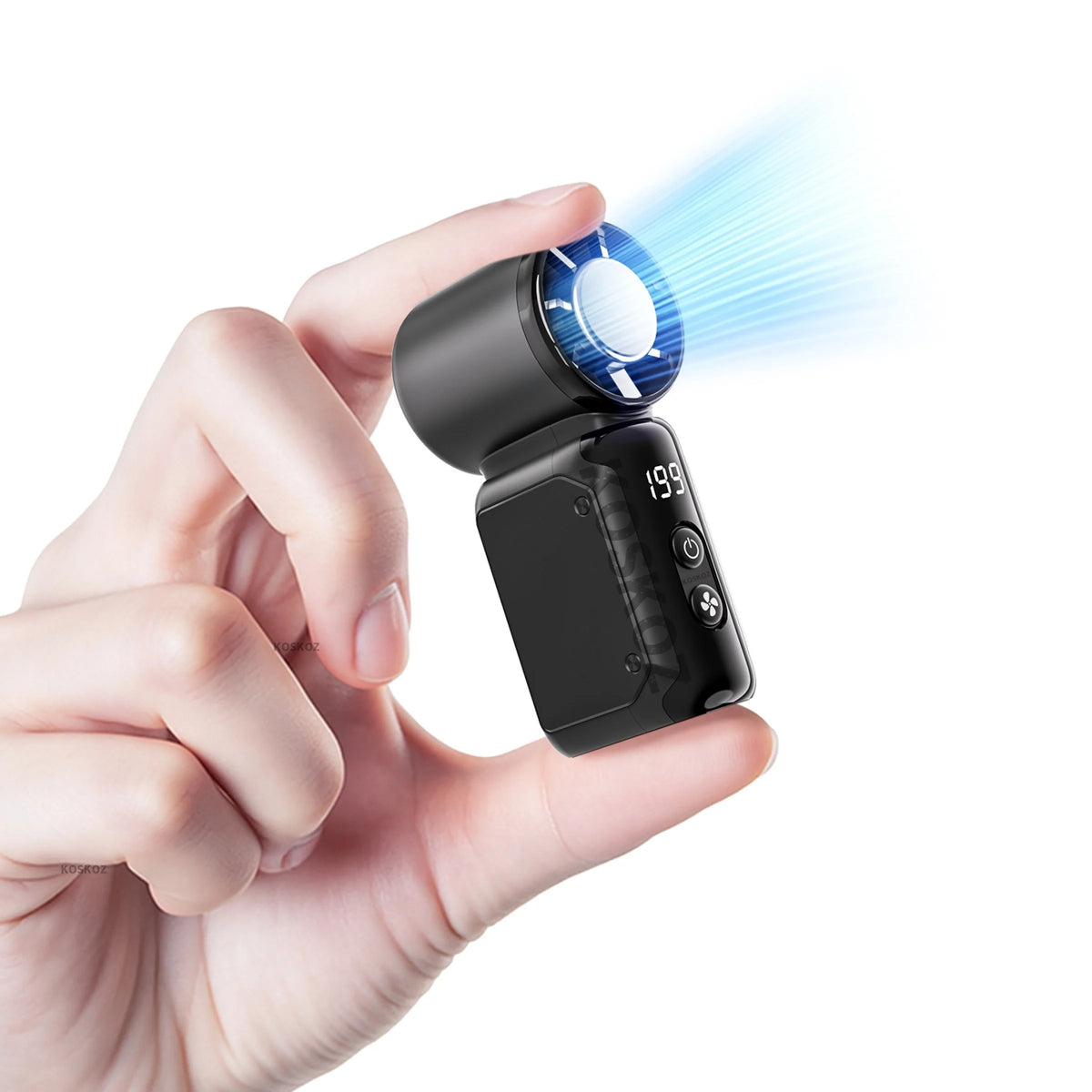 A hand holds a black mini portable ice cooling fan emitting a blue light beam.