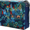 A dark blue pencil case with a vibrant jungle and floral pattern featuring multiple compartments.