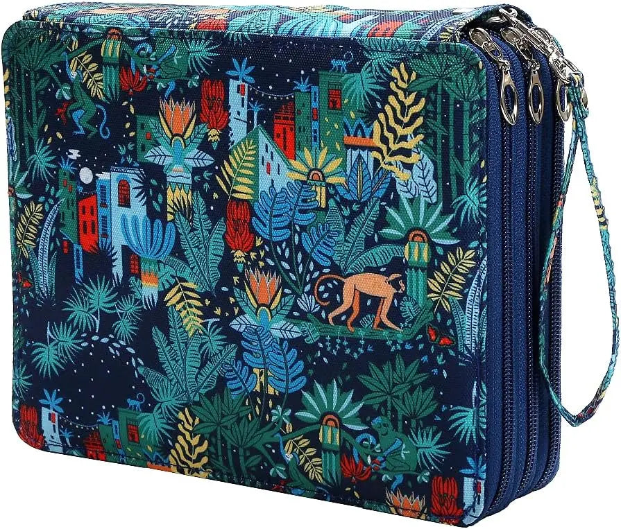 A dark blue pencil case with a vibrant jungle and floral pattern featuring multiple compartments.