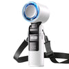 A white portable rechargeable handheld turbo fan with a blue light feature and black strap.