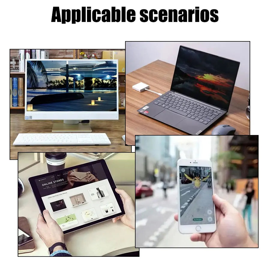 Various scenarios showing privacy webcam covers applicable to laptops, phones, and other devices.