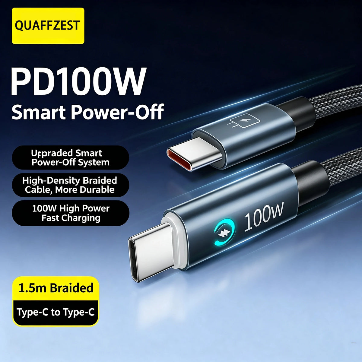 PD100W Smart Power-Off-Kabel mit hochdichter geflochtener Kabel für schnelles Laden.