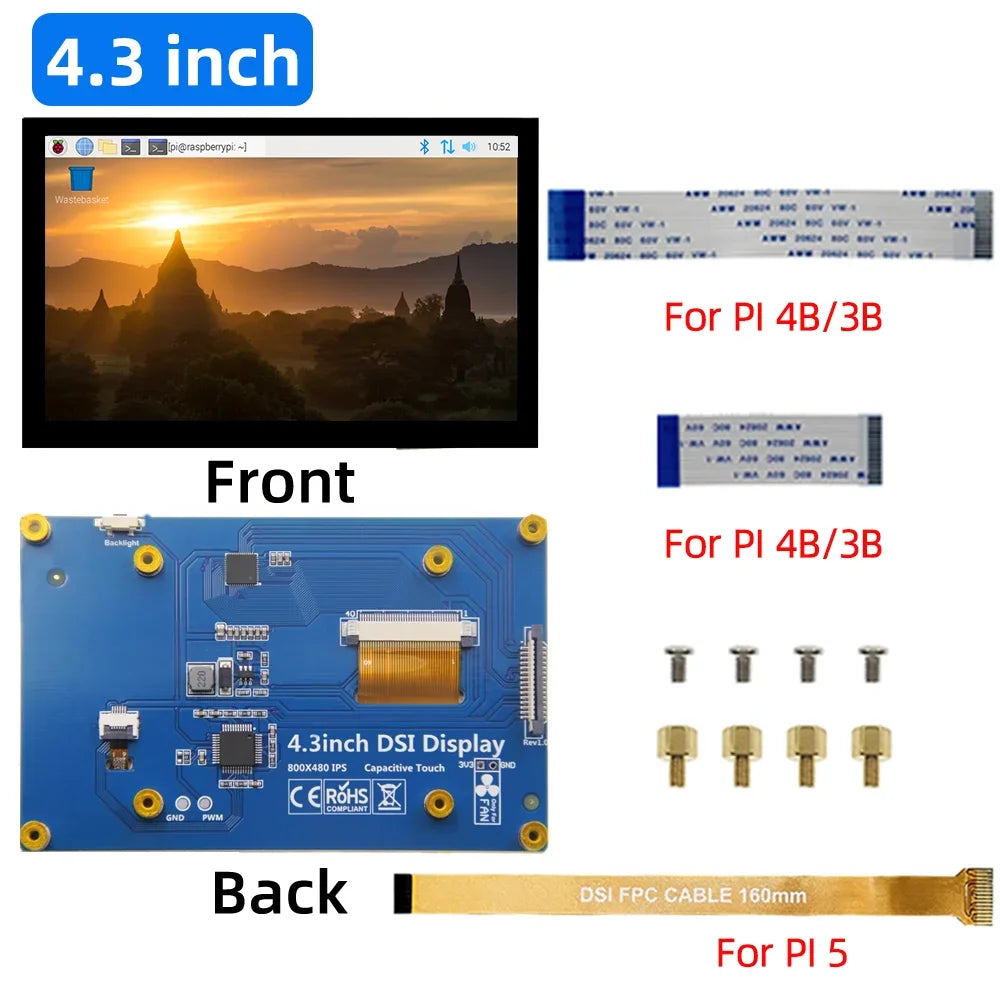 Front and back views of a 4.3 inch DSI display module for Raspberry Pi, showing the display and associated cables.