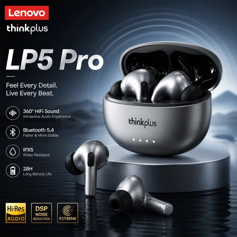 Silver Lenovo LP5 Pro true wireless earbuds displayed on a dark background with technical features listed.