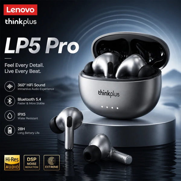 Silver Lenovo LP5 Pro true wireless earbuds displayed on a dark background with technical features listed.