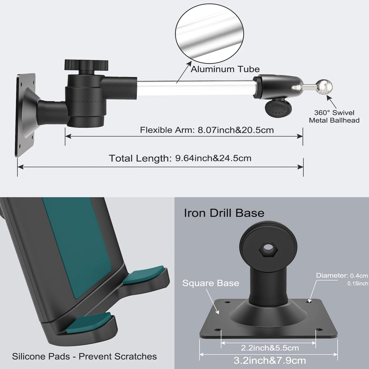 Aluminum wall mount tablet holder with a flexible arm and iron drill base for mounting.