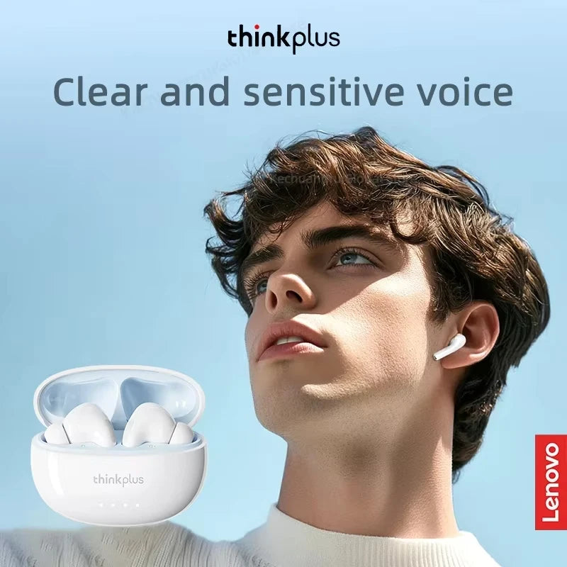 A young man is looking up, showcasing the ThinkPlus clear and sensitive voice technology with Lenovo LP5 true wireless earbud