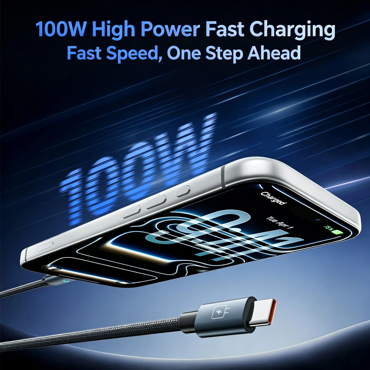 Nahaufnahme eines Smartphones, das mit einem 100W-Schnellladekabel und -adapter aufgeladen wird.