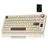 A white mechanical keyboard with brown keycaps and RGB lighting is shown on a desk.